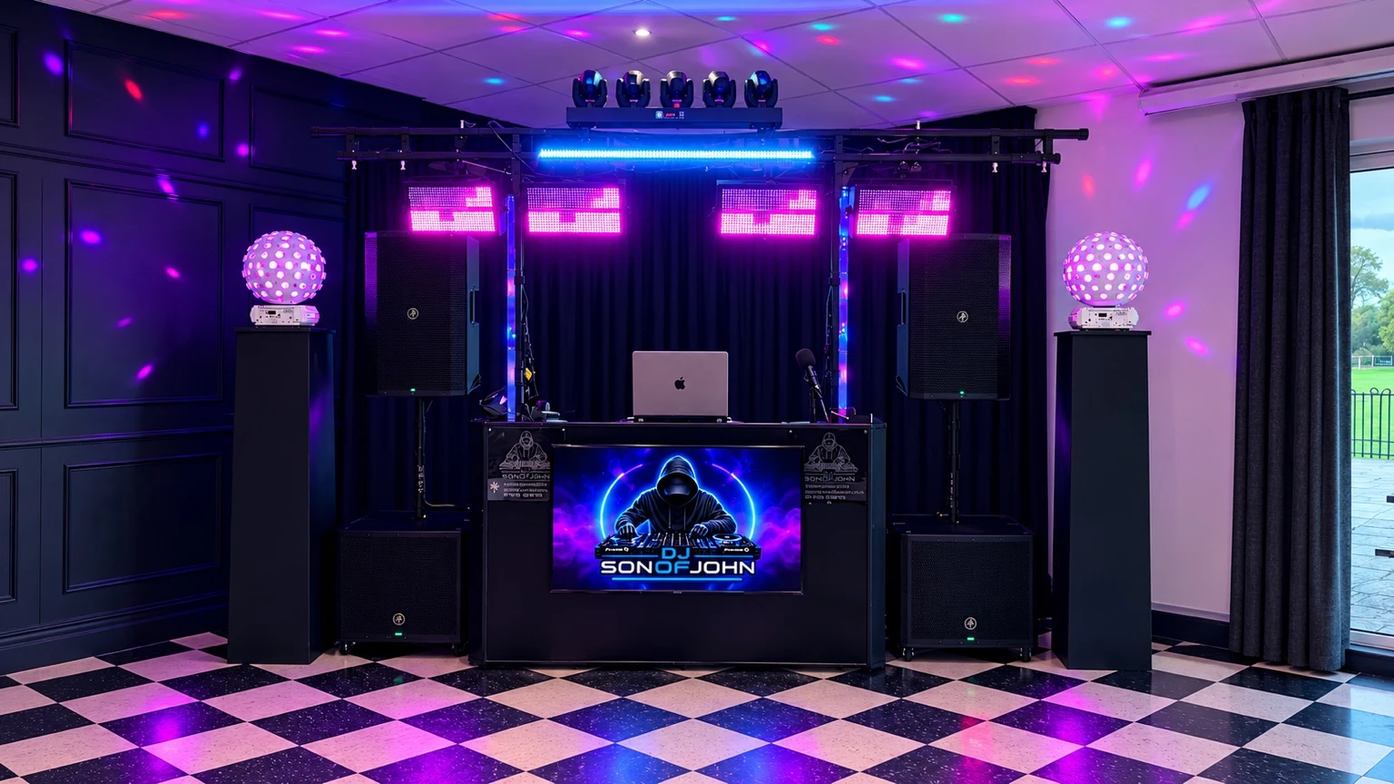 DJ booth with personalised screen and colourful event lighting