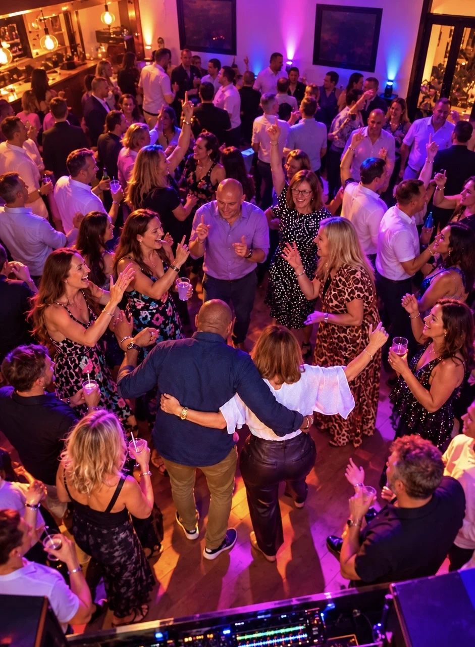 Party dancefloor under colourful club lighting