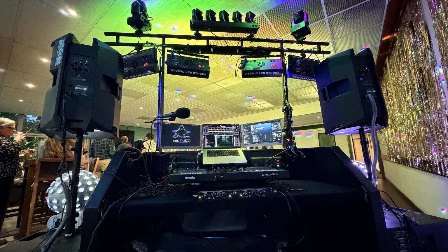 Professional DJ console, speakers and lighting